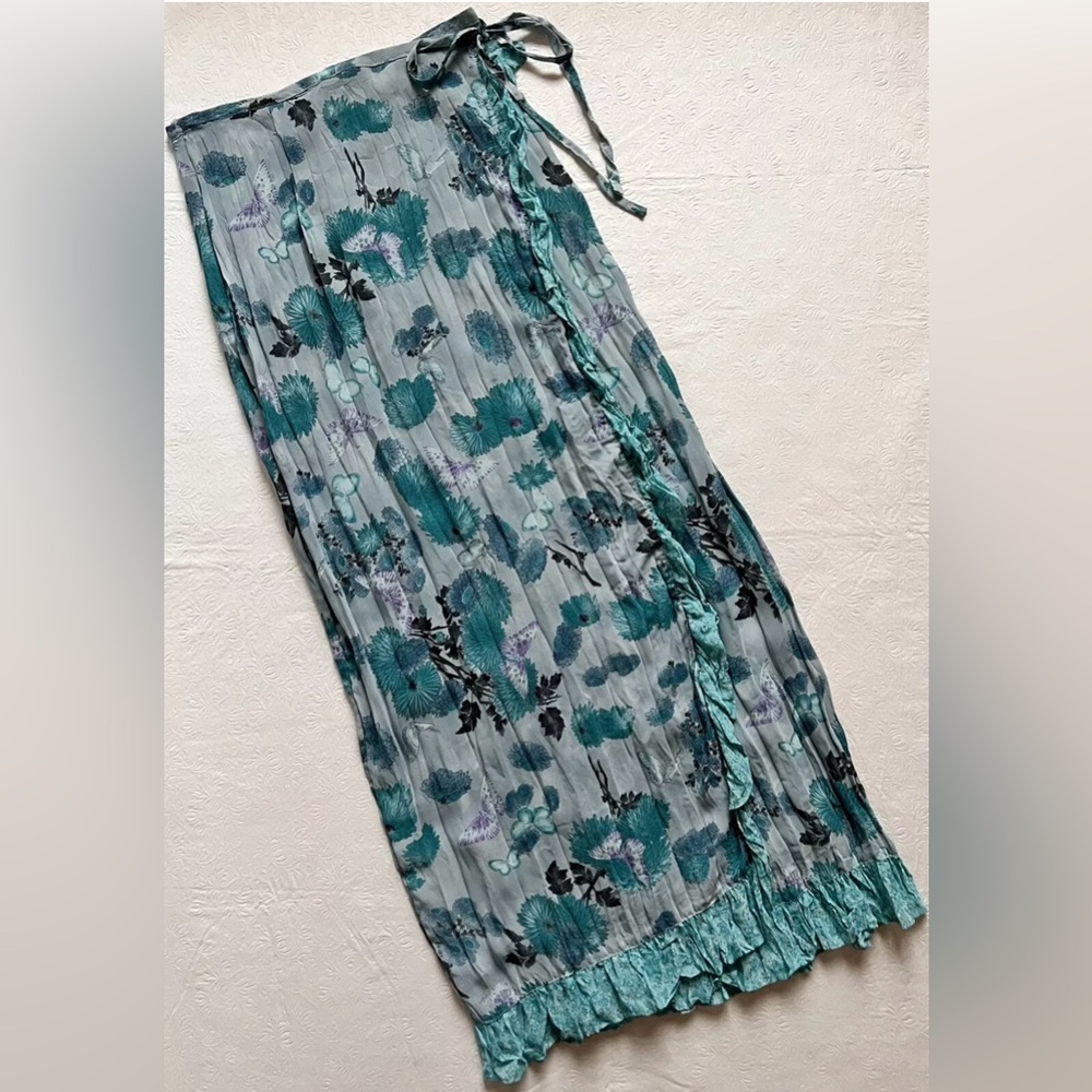 Carole Little Faux Wrap Skirt Size 4 Midi Ruffle Aqua Floral Butterflies Print